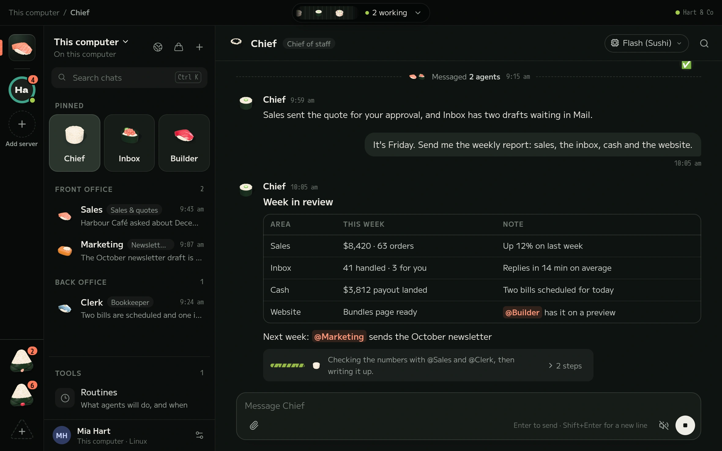 The Sushi app: a team of agents in the sidebar and a conversation with the Chief of staff.