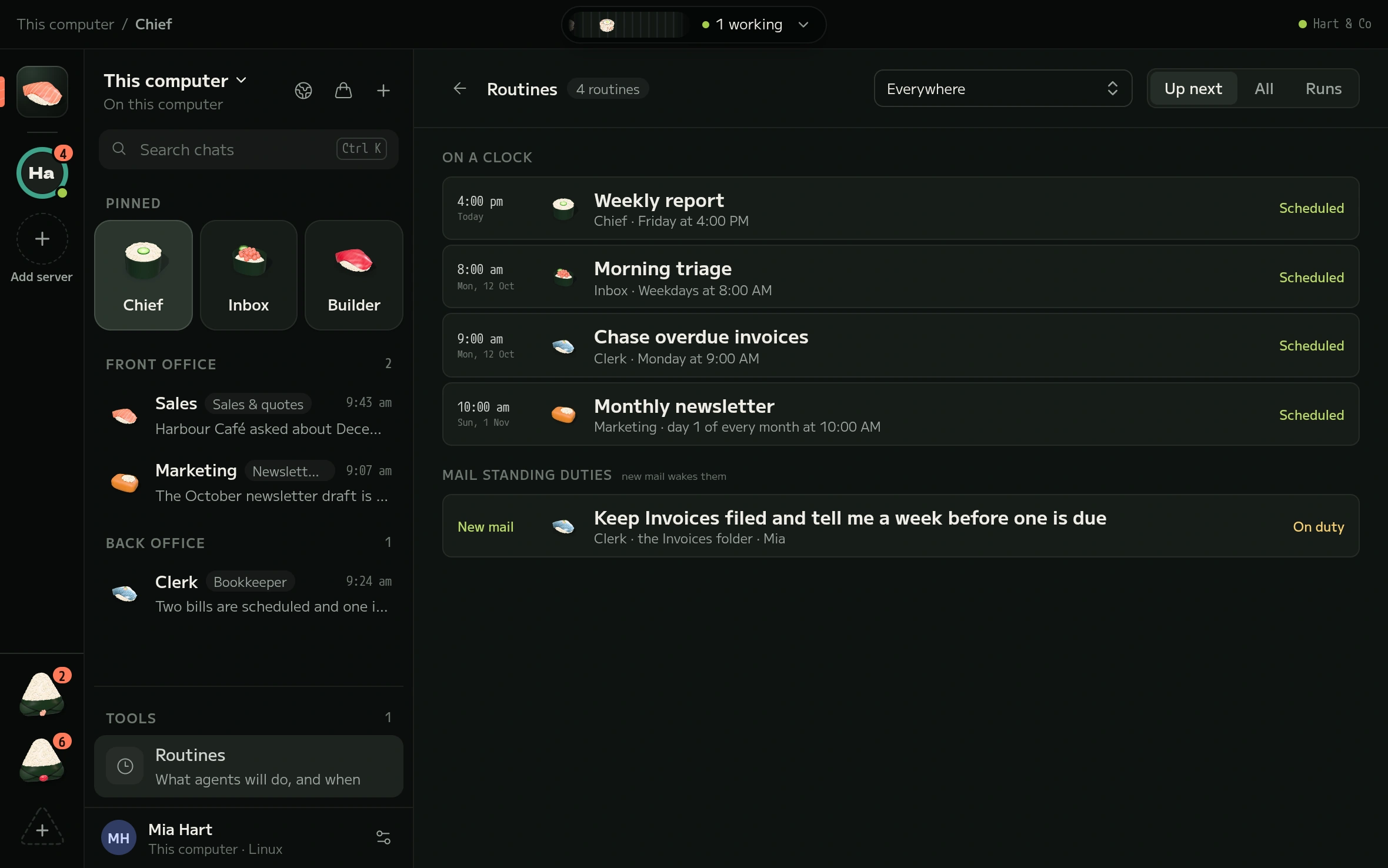 The Sushi sidebar with pinned agents and their latest work.
