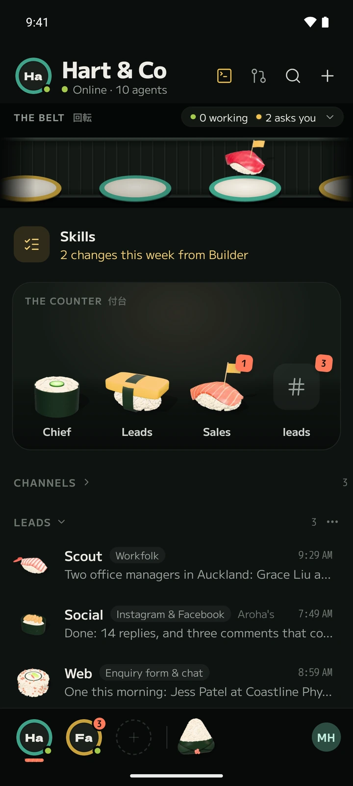 Sushi on a phone: the team's servers and agents.