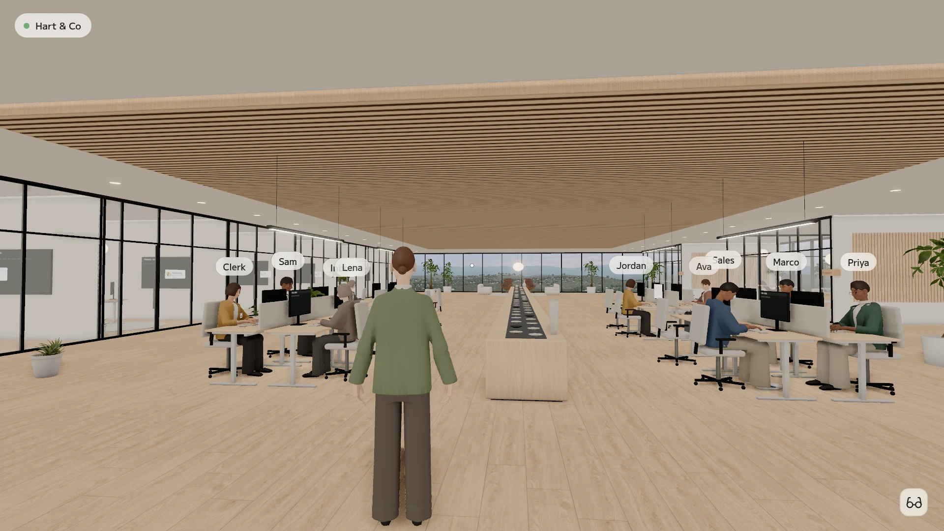 Sushi World: an open-plan office with agents at their desks and the harbour outside.